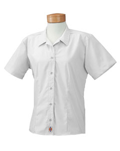 Women's Classic Stretch Poplin Shirt - 5 oz., 65/35 poly/cotton mechanical stretch poplin. Tailored fit. Wrinkle-resistant. Stain-release finish. Dyed-to-match buttons. Spread collar with collar stays. Longer length in back stays tucked in. Darts in front, princess seams in back. Moisture management finish. Industrial laundry friendly. Screenprinted tag on inside neck. Dickies logo on the bottom of front placket.