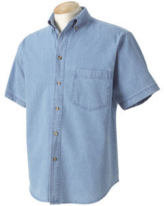 Classic Denim Shirt - 7 oz., 100% cotton denim. Double-needle tailoring. Button-down collar. Seven woodtone buttons. Left-chest pocket. Short-sleeves.