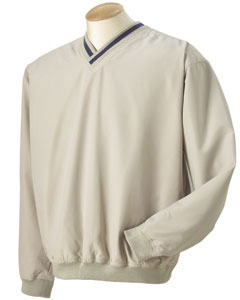 Microfiber Wind Shirt - Wind- and water-resistant microfiber. Nylon lined. Overlap V-neck striped collar. Rib knit trim. Underarm gussets with grommets. On-seam side pockets. Double-needle stitching.