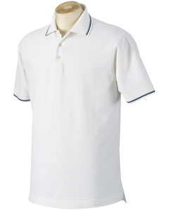 Men's Pima Reserve Tipped Pique Polo - 5.7 oz., 97/3 Pima cotton/Lycra spandex. Clean-finished placket with three white pearl buttons. Tipped collar and cuffs. Single-needle tailoring on shoulders and armholes. Double-needle bottom hem with clean-finished side vents. Inside neck is clean-finished with self-fabric neck tape. Drop tail.
