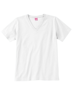 Women's Combed Ringspun V-Neck T-Shirt - 5.5 oz., 100% combed ringspun cotton jersey. Ribbed V-neck collar with topstitching. Taped neck. Double-needle sleeves and bottom hem. Softly shaped for a classic, feminine fit. (White is sewn with 100% cotton thread.) Heather is 93% cotton, 7% polyester.