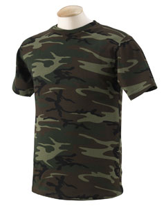 Camouflage T-Shirt - 5.5 oz., 100% cotton print jersey. Taped shoulder-to-shoulder. Ribbed crew neck. Double-needle hemmed sleeves and bottom. Bleed-resistant ink is recommended when printing on our camouflage products. Urban Woodland is sewn with 100% cotton thread.
