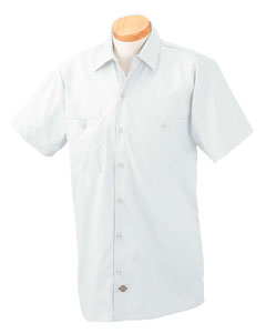 Premium Industrial Short-Sleeve Work Shirt - 4.25 oz., 65/35 poly/cotton. Enhanced durability to extend garment life and reduce repairs. E-Z touch fabric lasts through 50 industrial washings. Lined two-piece collar with permanent stays. Two chest pockets. Left pocket with pencil slot. Reinforced button placket. Visa finish for stain-release, wrinkle-resistance, fade-resistance and moisture wicking. Dickies logo on bottom of front placket. Extended sizes available by special order.