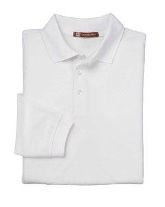 Easy Blend Long-Sleeve Polo - 5 oz., 65/35 poly/cotton. Three-button placket, flat-knit collar and cuffs. Hemmed bottom with side vents. Special blend of polyester with cotton gives the polo a soft, silky hand and helps reduce shrinkage. Set-in sleeves. Sideseamed. Long-sleeves. White is 5.6 oz.