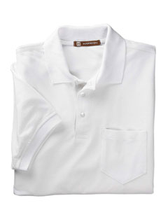 Easy Blend Polo with Pocket - 5 oz., 65/35 poly/cotton. Three-button placket. Flat-knit collar and cuffs. Hemmed bottom with side vents. Special blend of polyester with cotton gives the polo a soft, silky hand and helps reduce shrinkage. Set-in sleeves. Sideseamed. Short-sleeves. Chest pocket. White is 5.6 oz.