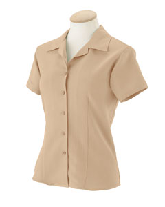 Women's Bahama Cord Camp Shirt - 66/34 rayon/poly pieced bedford cord. Full-button front with dyed-to-match buttons. Replacement buttons. Self-fabric collar. Contrast embroidery detail on side. Feminine fit.