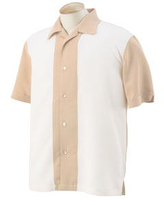 Men's Two-Tone Bahama Cord Camp Shirt - 66/34 rayon/poly pieced bedford cord. Contrast panels. Sand wash finish. Full-button front with dyed-to-match buttons. Self-fabric collar. Replacement buttons.