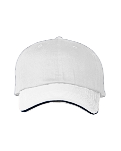 6-Panel Sandwich Cap - 100% brushed cotton twill. 6-panel. Unstructured. Two-tone sandwich bill. Self-fabric closure with brass buckle and grommet tuck-in.