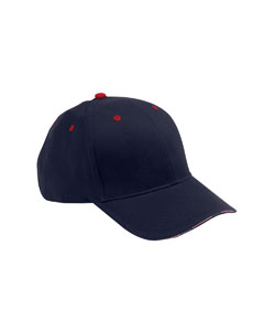 6-Panel Stars & Stripes Sandwich Cap - 100% brushed cotton twill. 6-panel. Structured. Mid-profile. Precurved visor with stars and stripes sandwich edging. Navy crown with contrast red eyelets and button. USA flag label at back arch. Self-fabric Velcro closure.