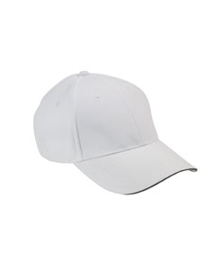 6-Panel Moisture Management Sandwich Cap - 100% polyester brushed microfiber. 6-panel. Structured. Mid-profile. Precurved visor with contrast color sandwich. Matching sewn eyelets. Soft mesh white Cool-Crown nylon lining. Moisture wicking fabric. Self-fabric Velcro closure.