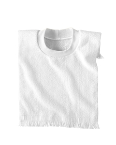 Infant Pullover Towel Bib - 100% cotton terry. Contrasting 1x1 rib crew neck. 11"W x 18"H (including fringe).