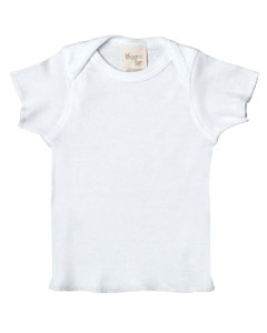 Infant Organic Cotton Lap Shoulder T-Shirt - 5 oz., 100% combed ringspun certified organic cotton. 1x1 baby rib. Flatlock seams. Double-needle ribbed binding on neck and shoulders. Raw serge hem sleeves and bottom. Colors are dyed with environmentally friendly dyes. (Natural and White are sewn with 100% cotton thread.)