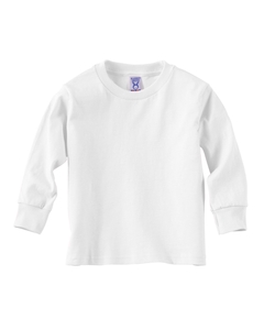 Toddler Long-Sleeve T-Shirt - 5.5 oz., 100% cotton jersey. Ribbed crew neck and cuffs. Taped shoulder-to-shoulder. Double-needle bottom hem. (White is sewn with 100% cotton thread.) Ash is 99% cotton, 1% polyester; Heather is 90% cotton, 10% polyester.