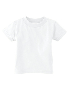 Infant Short-Sleeve T-Shirt - 5.5 oz., 100% cotton jersey. Ribbed crew neck. Double-needle hemmed bottom and sleeves. Taped shoulder-to-shoulder. (White is sewn with 100% cotton thread.) Ash is 99% cotton, 1% polyester; Heather is 90% cotton, 10% polyester.