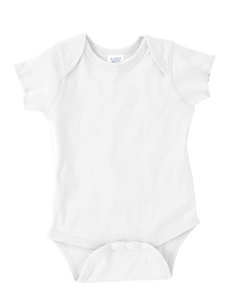Infant Lap Shoulder Creeper - 5 oz., 100% combed ringspun cotton. 1x1 baby rib. Double-needle ribbed binding on neck, armholes, shoulders and bottom. Reinforced three-snap closure. Flatlock seams. (White is sewn with 100% cotton thread.)