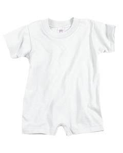 Infant T-Shirt Romper - 5.5 oz., 100% cotton jersey. Ribbed crew neck. Hemmed sleeves and bottom. Reinforced three-snap closure. Ash is 99% cotton, 1% polyester; Heather is 90% cotton, 10% polyester.