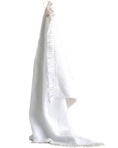 Fringed Hand Towel with Grommet - 100% sheared cotton terry. Fringed ends. Corner brass-colored grommet with hook. 2.5 lbs./dozen. 16"W x 26"H.