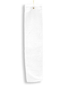 Tri-Fold Hemmed Hand Towel with Grommet - 100% sheared cotton terry. Tri-fold with center brass-colored grommet and hook. Dobby border hem. 3.6 lbs./dozen. 16"W x 26"H.