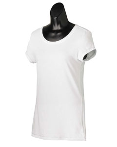 Women's Short-Sleeve Bamboo T-Shirt - 5.4 oz., 67/29/4 bamboo lyocell/cotton/spandex jersey. Contrast thread at bottom and sleeve hems. Rolled raw edge neck band and raw edge neck seam. Bamboo has natural inherent properties that wick moisture and is naturally anti-bacterial, hypoallergenic and breathable with no added chemical treatments. StretchFlex technology provides garment with comfort, freedom of movement, lasting recovery and a great fit.
