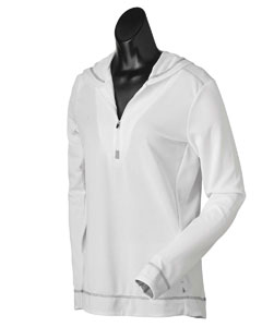 Women's Long-Sleeve Half-Zip Pullover - 4.1 oz., 100% polyester birdseye knit jacquard. Reversed YKK zipper at center front with contrast tab. Hidden key pocket at wearer's left with contrast bartacks at stress points. Contrast coverstitch at shoulders, hood, key pocket, sleeves and bottom hem. Underarm gussets for extra mobility and comfort. Contrast facing at sleeves and bottom hem. Drop tail for added coverage. Dry wicking capabilities draw moisture away from skin. Added anti-microbial treatment prevents the increase of bacteria and keeps clothes odor free.