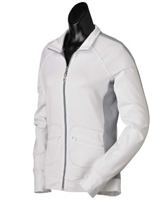 Women's Lightweight Jacket - 7.1 oz., 94/6 poly/spandex interloop terry knit. Contrast panels down sleeves and sides. Contrast YKK zipper at main center, front and back pockets. Contrast stitch detail at front and back pockets. Raglan sleeves with hand-warmer cuffs for warmth. Drop tail hem for extra coverage. Dry wicking capabilities draw moisture away from skin. Added anti-microbial treatment prevents the increase of bacteria and keeps clothes odor free. StretchFlex technology provides garment with comfort, freedom of movement, lasting recovery and a great fit.