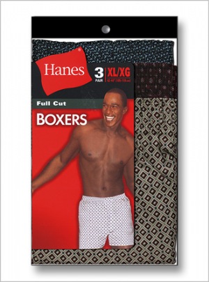 Hanes Full-Cut Boxers - Generously cut for freedom of movement, with a wide elastic waist that wont bind or chafe. Double stitching on the seams for toughness, yet always a soft touch thanks to an all-too-agreeable cotton-rich blend.  55% Cotton/45% Polyester