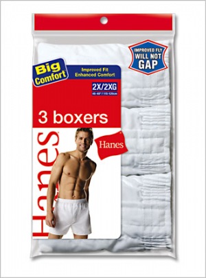 Hanes Big Mens Full Cut Boxer - Generously cut for freedom of movement, with a wide elastic waist that wont bind or chafe. Double stitching on the seams for toughness, yet always a soft touch thanks to an all-too-agreeable cotton-rich blend.  55% Cotton/45% Polyester