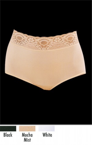 Lacy Skamp Brief - What's not to love about our Lacy Skamp Brief?  Silky-smooth stretch nylon clings to your every move.  The Brief style gives you full coverage in front and back.  And a pretty stretch lace waistband finishes this style beautifully.  Body: 81% nylon 19% spandex. Crotch Lining: 100% cotton. Exclusive of trim and elastics.