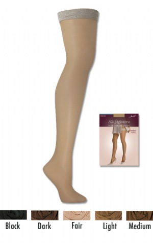 Transparent Thigh Highs - At last, modern sheer hosiery that is a perfect match for every skintone. The secret is an innovative yarn that is so light and virtually invisible that it reveals the natural beauty of your legs. Available in shades specially designed to custom match you  Leg:  89% Nylon, 11% Spandex  Band:  63% Nylon, 28% Polyisoprene, 9% Spandex