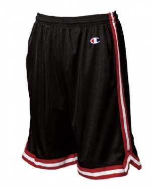 Lacrosse Mesh Shorts - 100% polyester mesh, 3.7 oz., 100% polyester tricot lining, 2.1 oz. four-needle stitching on waistband with separate drawcord; side-seam pockets; 9" inseam; 1 1/2" striped braid along side seams and bottom hem