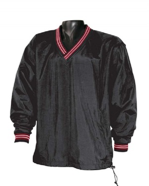 V-Neck Pullover Jacket - 100% nylon oxford shell, 65% polyester, 35% cotton jersey lining. striped herringbone rib on neck and cuffs; "c" logo on left arm and back of neck; zippered welt pockets; open-bottom hem with elasticized nylon drawcord.