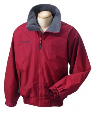 Falmouth Mens Parka - 100% nylon burgundtal cloth shell, 100% polyester mtr fleece lining. full-front zip to top of collar; columbia logo on right chest; inside left-chest security pocket; elastic cuffs with adjustable velcro; zippered pockets, rib-knit waistband; heather is 75% polyester, 25% rayon mtr fleece lining.