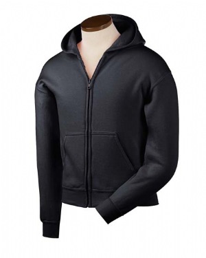 7.75 oz 50/50 Youth Full-Zip Hooded Sweatshirt - 50% cotton, 50% polyester, 7.75 oz; air jet spun yarn--softer feel and pill resistant; unlined hood; double-needle stitching; pouch pocket; set in sleeves; full-zip with yoke vision zipper; 1 x 1 athletic rib with Lycra; quarter turned to eliminate center crease; ribbed waistband