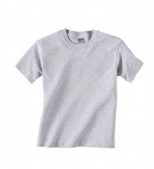 5.3 oz Heavy Cotton Youth T-shirt - 100% cotton, 5.3 oz., preshrunk. Seamless rib at neck; taped neck and shoulders; double-needle stitching on sleeves and bottom hem; ash is 99% cotton, 1% polyester; sport grey is 90% cotton, 10% polyester. 