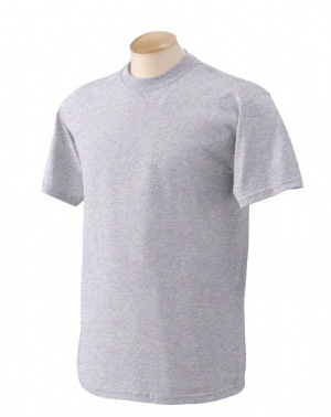 5.3 oz Heavy Cotton T-shirt - 100% cotton, 5.3 oz., preshrunk. Seamless rib at neck; taped neck and shoulders; double-needle stitching on sleeves and bottom hem; ash is 99% cotton, 1% polyester; sport grey is 90% cotton, 10% polyester. 