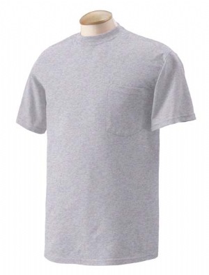 5.6 oz 50/50 Ultra Blend Pocket T-shirt - 50% Preshrunk cotton, 50% polyester, air-jet-spun yarn.  Double-needle stitching on collar and bottom hem; shoulder-to-shoulder tape; sturdy five-point pocket.