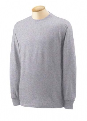 5.6 oz 50/50 Ultra Blend Long-Sleeve T-shirt - 50% Preshrunk cotton, 50% polyester, air-jet-spun yarn.  Double-needle stitching on collar and bottom hem; shoulder-to-shoulder tape; ribbed cuffs.
