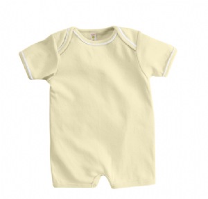 Andy 1x1 Rib Shortall Romper - 100% combed cotton, 240 grams/square meter. 1x1 rib; dyed-to-match 1x1 rib finishing at neck with 1/16" white piping; lap shoulder construction for over-the-head ease; snap leg closure with seat-gusset construction for improved "diaper friendly" fit and ease movement. 