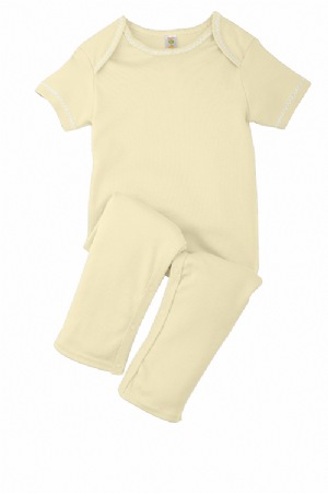 Devon Zigzag Romper - 100% combed cotton interlock, 180 grams/square meter. contrast embroidered zigzag stitching at neck and sleeves; lap shoulder construction for over-the-head ease.