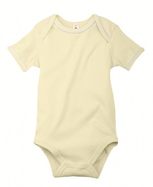 Gerry 1x1 Rib Onesie - 100% combed cotton, 240 grams/square meter. 1x1 rib; dyed-to-match 1x1 rib finishing at neck with 1/16" white piping; lap shoulder construction for over-the-head ease; snap bottom closure for improved "diaper friendly" fit.