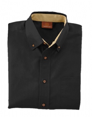 Mens Long-Sleeve Twill Shirt with Stain Release - 55% cotton, 45% polyester with stain release. extra stitching at seams and buttons; flat-felled seam finishing; signature horn-style buttons with harridan logo.