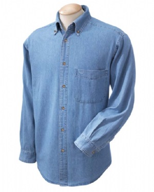 Mens Long-Sleeve Denim Shirt - 100% cotton indigo denim, 6.5 oz. inside, flat-felled seams; khaki double-needle topstitching; signature twill tape at neck; fully constructed front placket; signature horn-style buttons with harridan logo. 