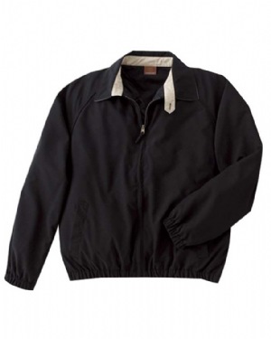 Microfiber Club Jacket - 100% polyester microfiber. lightweight; wind- and water-resistant; inconspicuzip for easy embroidery; button tab on collar; contrast inside collar band and under collar; raglan sleeves with inside polyester sleeve lining; inside left chest pocket with velcro closure; two front pockets; relaxed elastic waistband and cuffs.