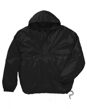 Packable Nylon Jacket - 100% nylon taffeta, wind and water resistant, lightweight packable hooded pullover with 1/4-zip entry. drawstring hood, front welt pockets, center zip pocket, full elastic cuffs, hem casing with drawcords. can be easily attached to belt.