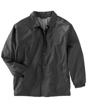 Nylon Staff Jacket - 100% taffeta nylon; lined jacket; front welt pockets; raglan sleeves with full elastic sleeve opening; snaps at center front opening for full closure; inconspicuous zipper on inside for easy access for embroidery; open-bottom hem finish; wind and water resistant