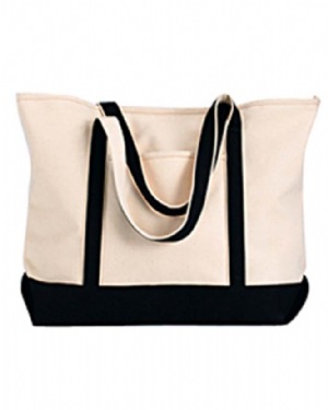 Canvas Tote with Contrasting Trim - 16 oz., cotton canvas tote with contrasting handles and bottom. outside pocket, key fob, and velcro closure.