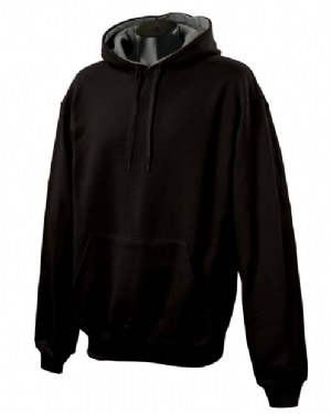 9.7 oz 90/10 Pullover Hood - 90% cotton, 10% polyester, 9.7 oz. full athletic fit; 2x1 rib with Lycra spandex trim; contrast two-ply hood with matching drawstring; woven tape across back of neck; contrast half-moon facing at back of neck; embroidered "c" logo on left sleeve; front pouch pocket. 