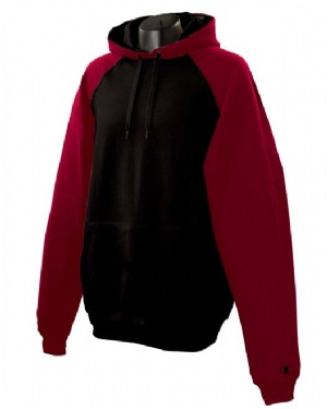 9.7 oz 90/10 Cotton Max Colorblock Hood - 90% cotton, 10% polyester fleece, 9.7 oz. full athletic fit; 2x1 rib with Lycra spandex trim; contrast two-ply hood with matching drawstring; woven tape and contrast half-moon facing at back of neck; contrast raglan sleeves; embroidered "c" logo on left sleeve; front pouch pocket.