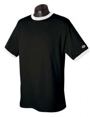 5.7 oz Cotton Tagless Ringer T-shirt - 100% cotton, 5.7 oz. 1x1 rib set-in contrasting neck and cuffs; shoulder-to-shoulder taping; "c" logo on left sleeve; tubular body; oxford is 90% cotton, 10% bale-dyed cotton.